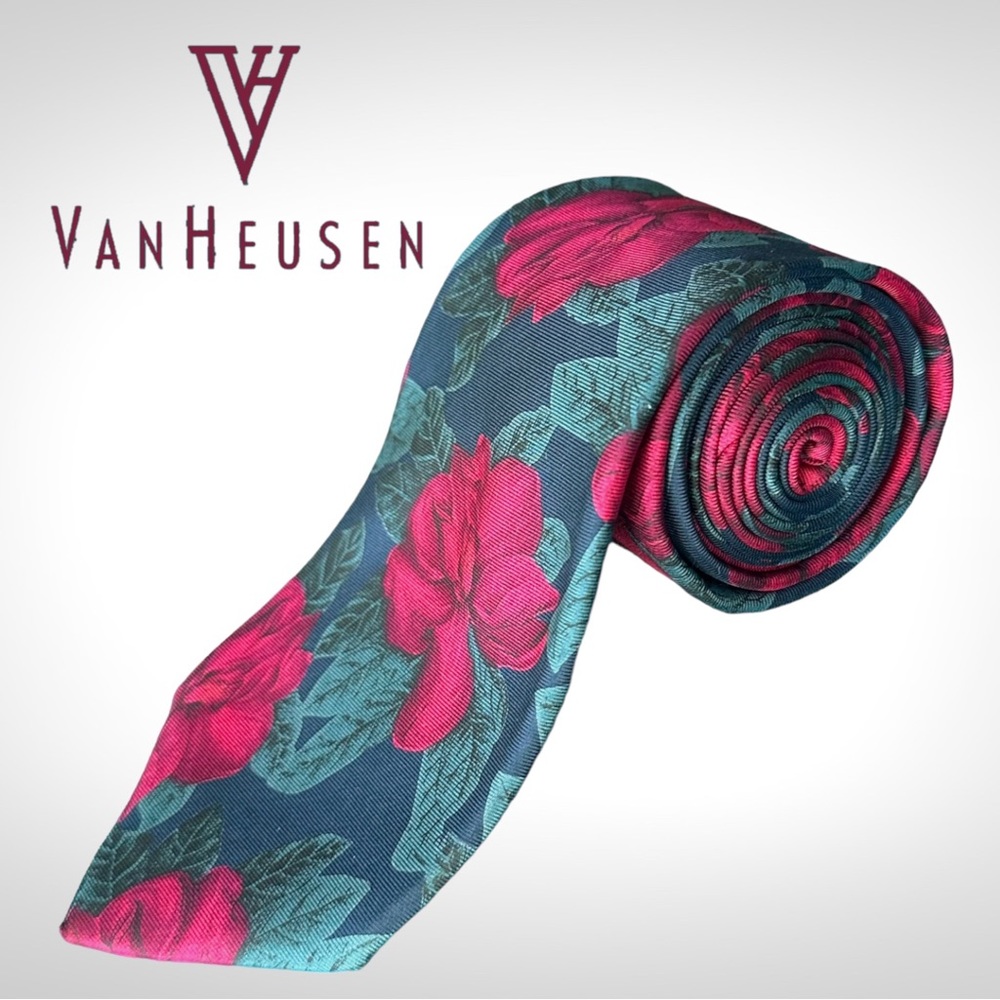 Vintage Teal with Red Roses Neck Tie